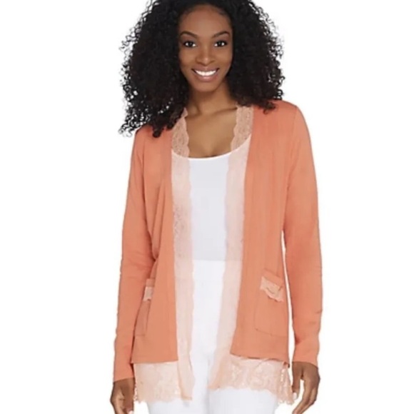 LOGO Lori Goldstein Orange Cotton Modal Open Front Cardigan Lace Detail - Picture 1 of 6